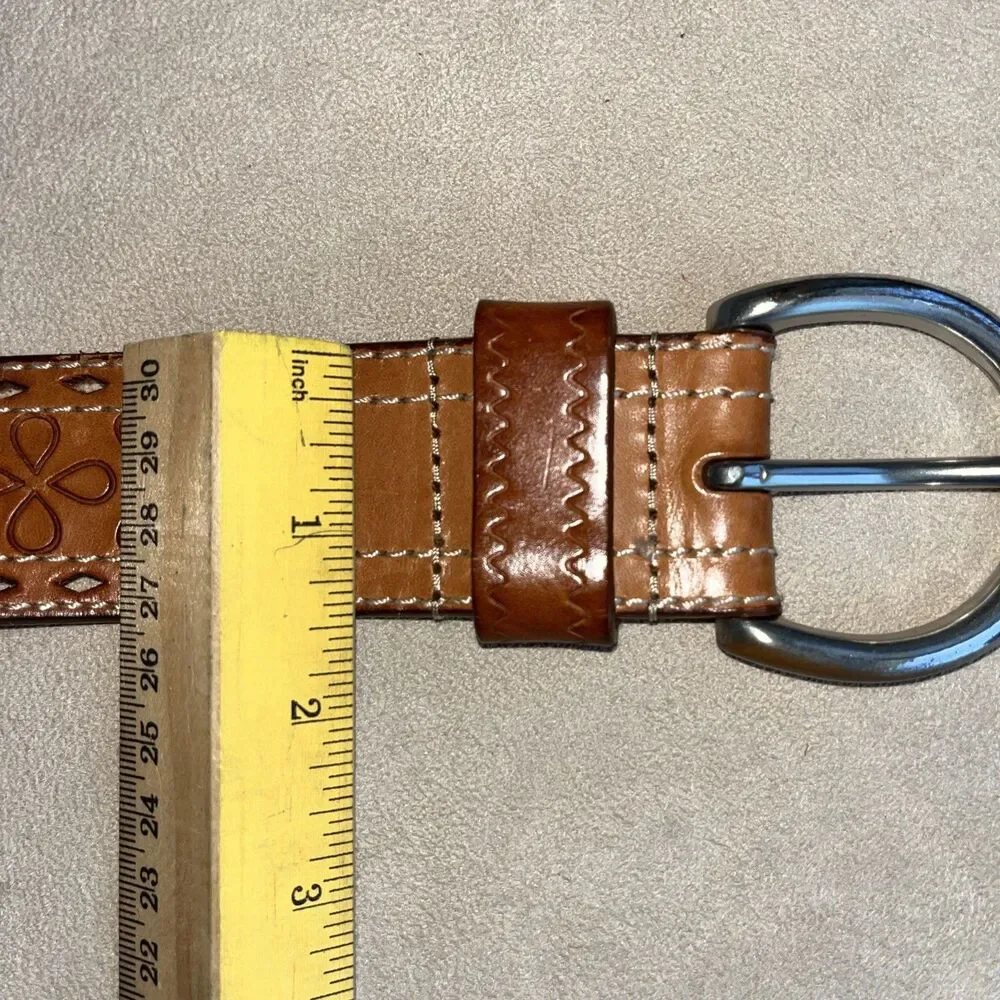 Lauren Ralph Lauren Tooled Brown Leather Belt Flower Pattern Women SZ‎ L 9101304